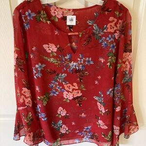 Cabi Red Floral Semi Sheer Bell Sleeve Blouse.  Size Small
